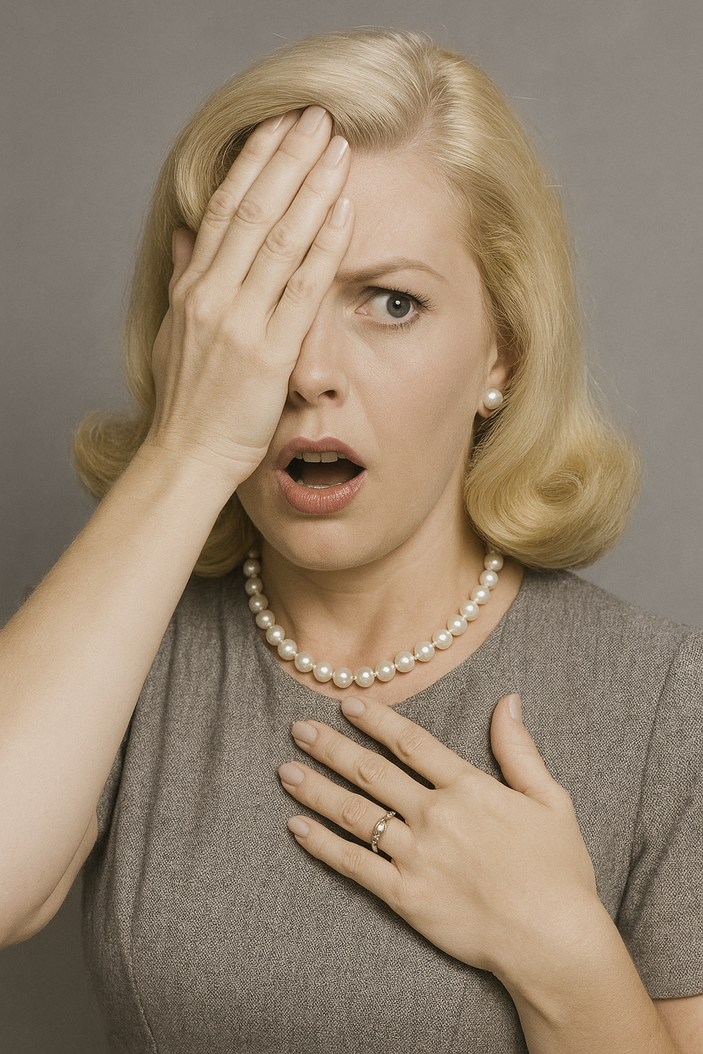 willglennwrites-chekhovs-gun-post-inline Color portrait of a 1950s-style blonde woman in a conservative gray dress and pearl necklace. One hand rests on her chest just below the pearls, while the other covers part of her face, fingers spread so she can peek through with a wide-eyed, shocked expression.”