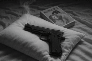 Black and white photo of a smoking automatic pistol lying on a pillow. The pillow and gun are on a mussed bed and next to them is a generic looking romance paperback that have a couple on it and the word "romance" on the book cover.