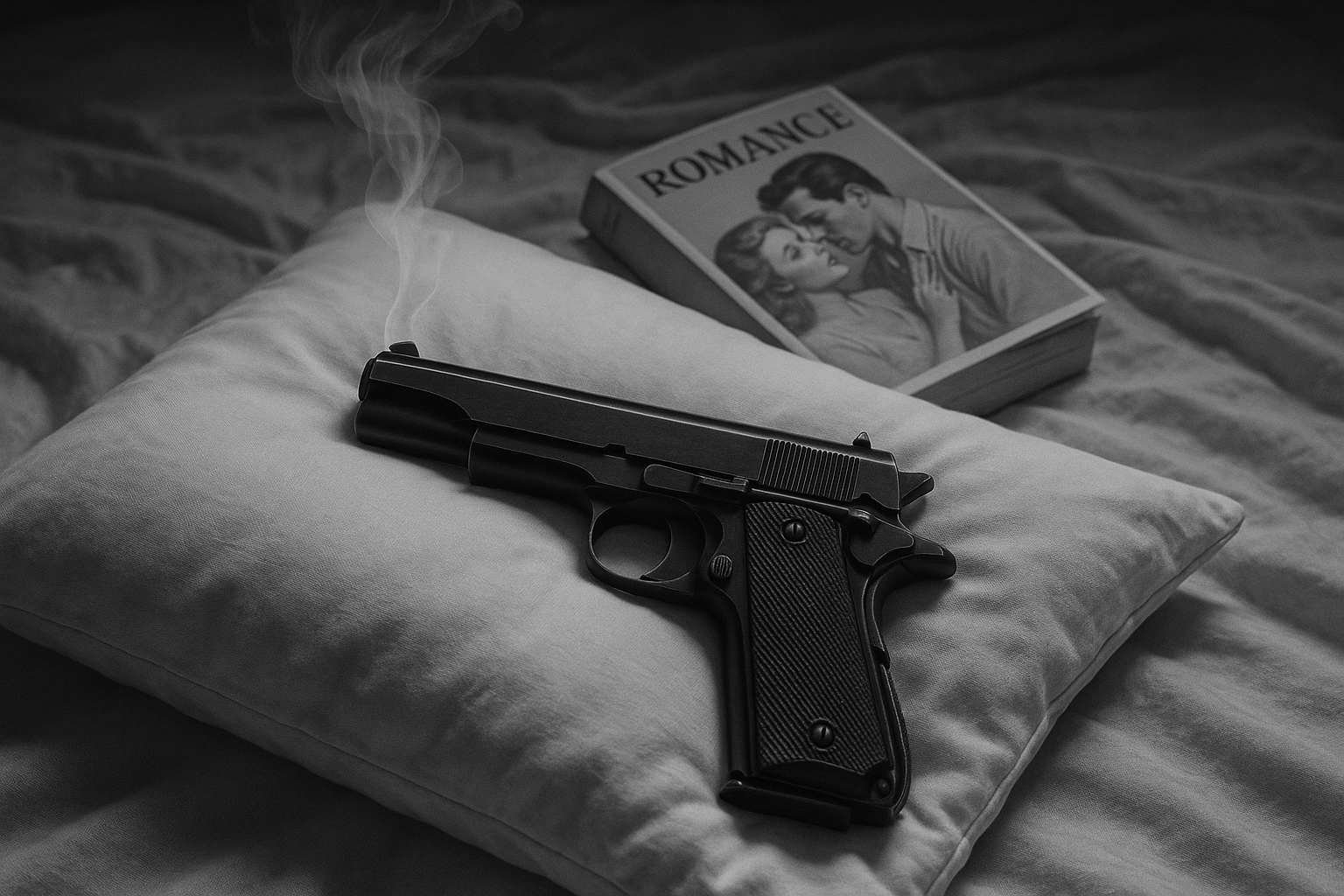 Black and white photo of a smoking automatic pistol lying on a pillow. The pillow and gun are on a mussed bed and next to them is a generic looking romance paperback that have a couple on it and the word "romance" on the book cover.