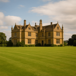 An elegant English manor house with honey-colored stone walls and tall windows, set on a wide green lawn under a partly cloudy sky.