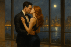 Digital painting of a glamorous couple kissing in the lobby of a modern building with floor-to-ceiling windows overlooking Boston Harbor at night. The man wears a dark suit, the red-haired woman a formal dress, as moonlight shimmers on the water behind them.