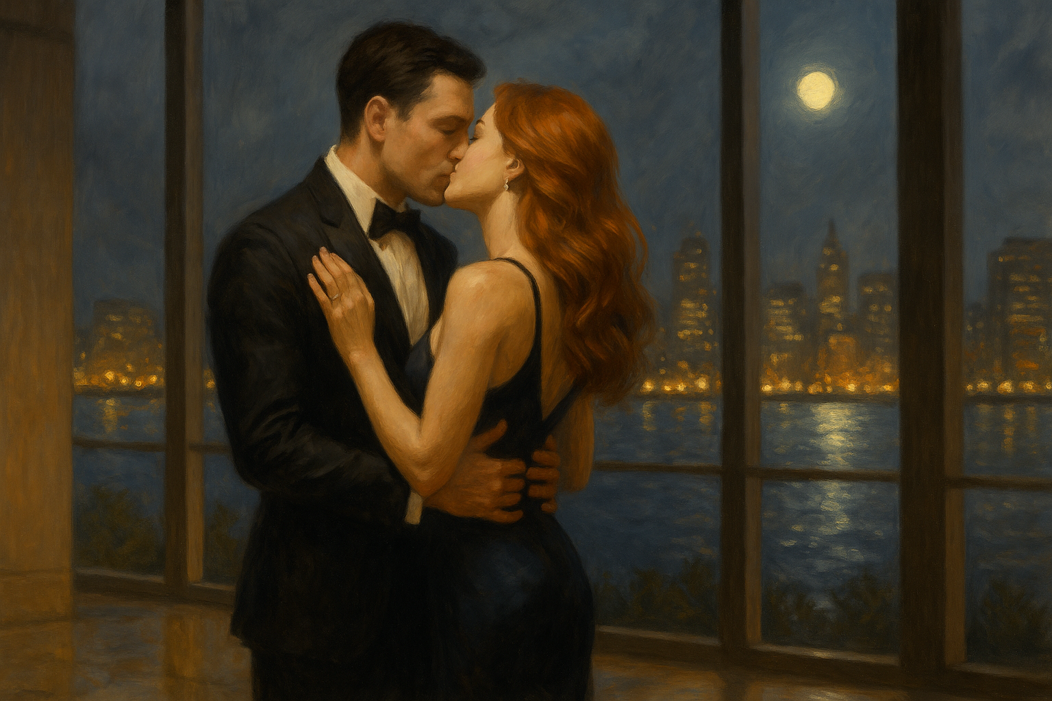 Digital painting of a glamorous couple kissing in the lobby of a modern building with floor-to-ceiling windows overlooking Boston Harbor at night. The man wears a dark suit, the red-haired woman a formal dress, as moonlight shimmers on the water behind them.