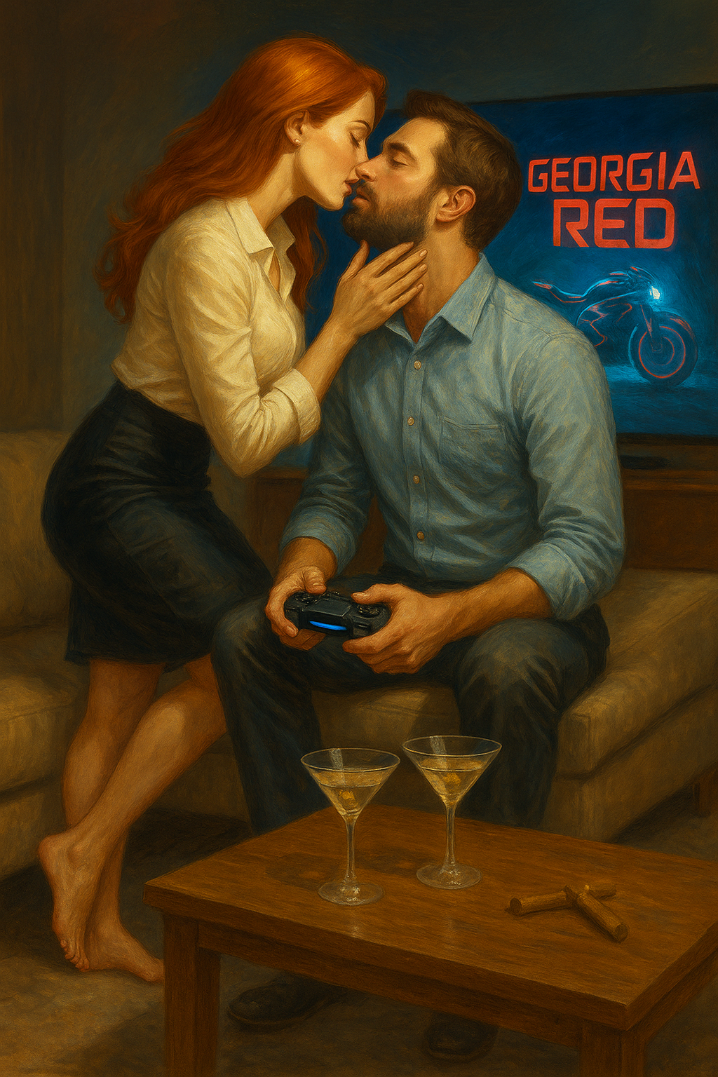 Semi-realistic digital painting of a red-haired woman in a business outfit, barefoot, leaning in to kiss a bearded man in a suit who holds a game controller. They stand in front of a glowing TV showing a futuristic motorcycle, with a coffee table set with martinis in the foreground.