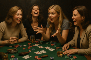 Group of women laughing around a poker table covered with cards, chips, whiskey, and cigars, one gesturing big with her hands like she’s telling a wild story — or illustrating the size of something… probably both