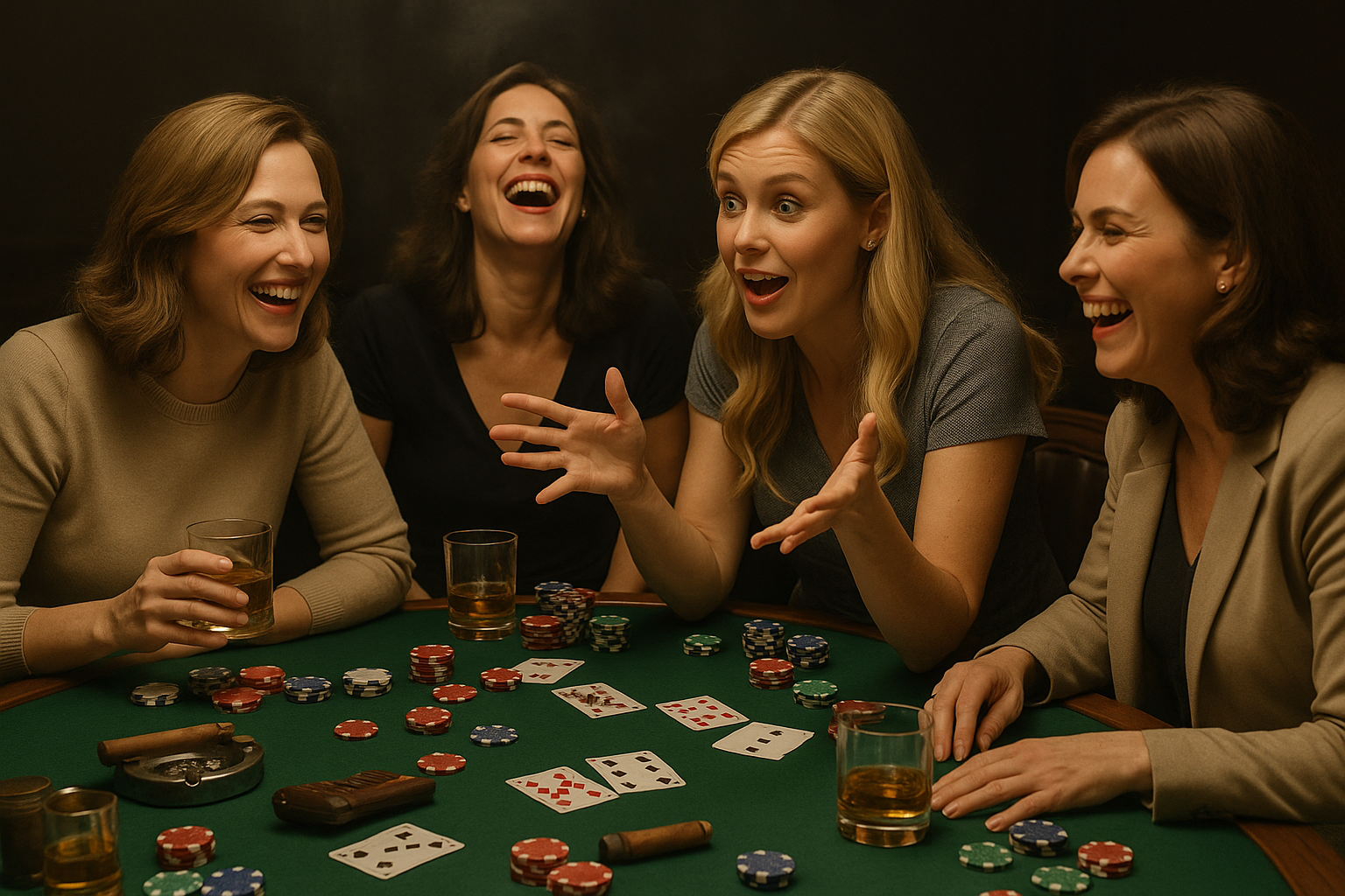Group of women laughing around a poker table covered with cards, chips, whiskey, and cigars, one gesturing big with her hands like she’s telling a wild story — or illustrating the size of something… probably both